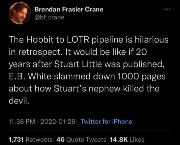 A lord of the rings meme tweet comparing the tonal shift from The Hobbit to LOTR to a wild Stuart Little sequel.