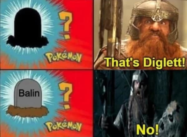 A crossover lotr meme using the "Who's That Pokémon?" format to make a sad joke about Balin's tomb.