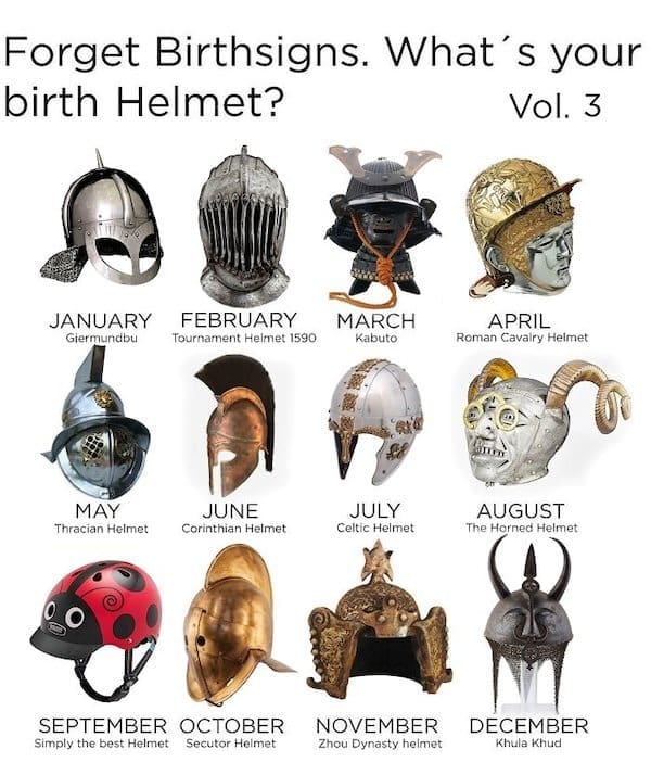 A funny medieval meme chart showing "birth helmets" for each month, with September being a ladybug helmet.