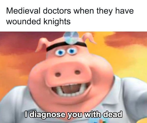 A dark humor medieval meme using a cartoon pig to diagnose a wounded knight with "dead."