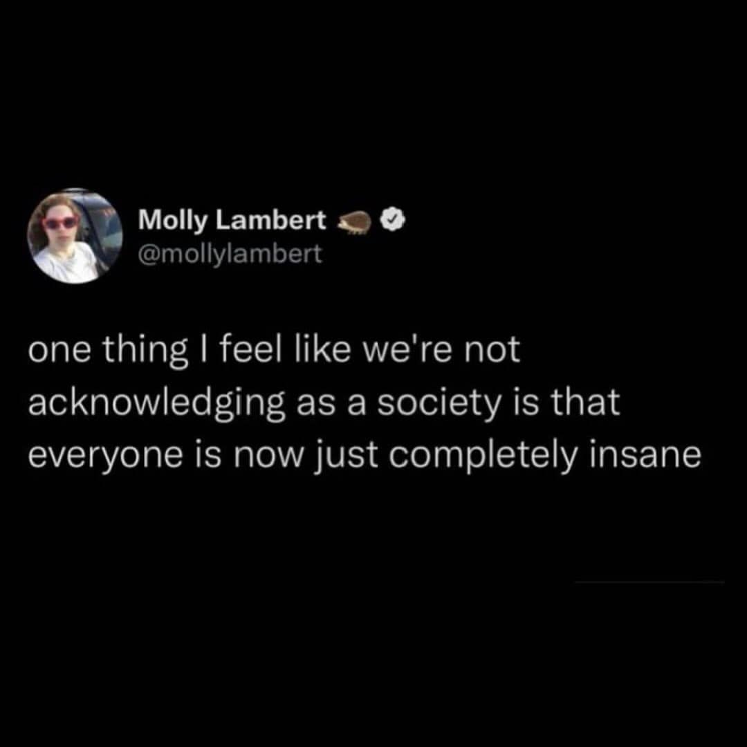 A funny meme tweet suggesting that society isn't acknowledging that everyone is completely insane now