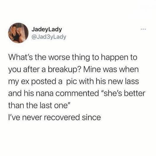 A hilarious meme tweet telling the painful story of an ex's nana commenting that the new girlfriend is "better than the last one."