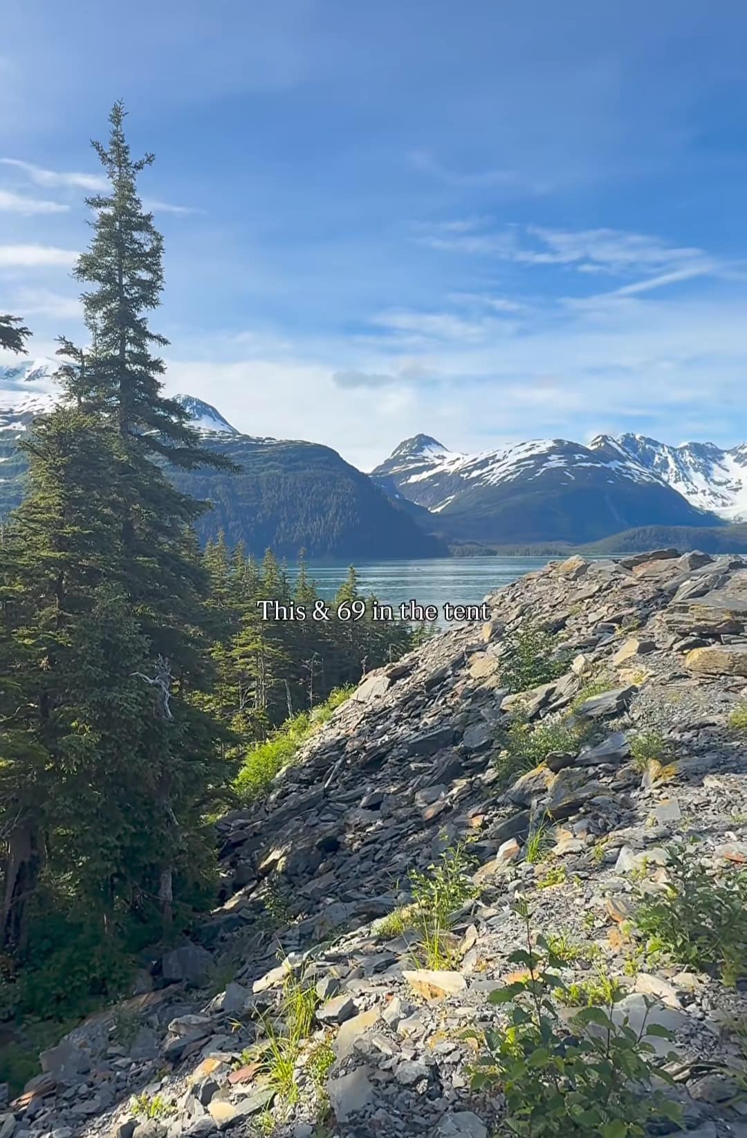 A funny meme showing a beautiful, majestic mountain landscape with the very crude and unexpected caption "This & 69 in the tent."