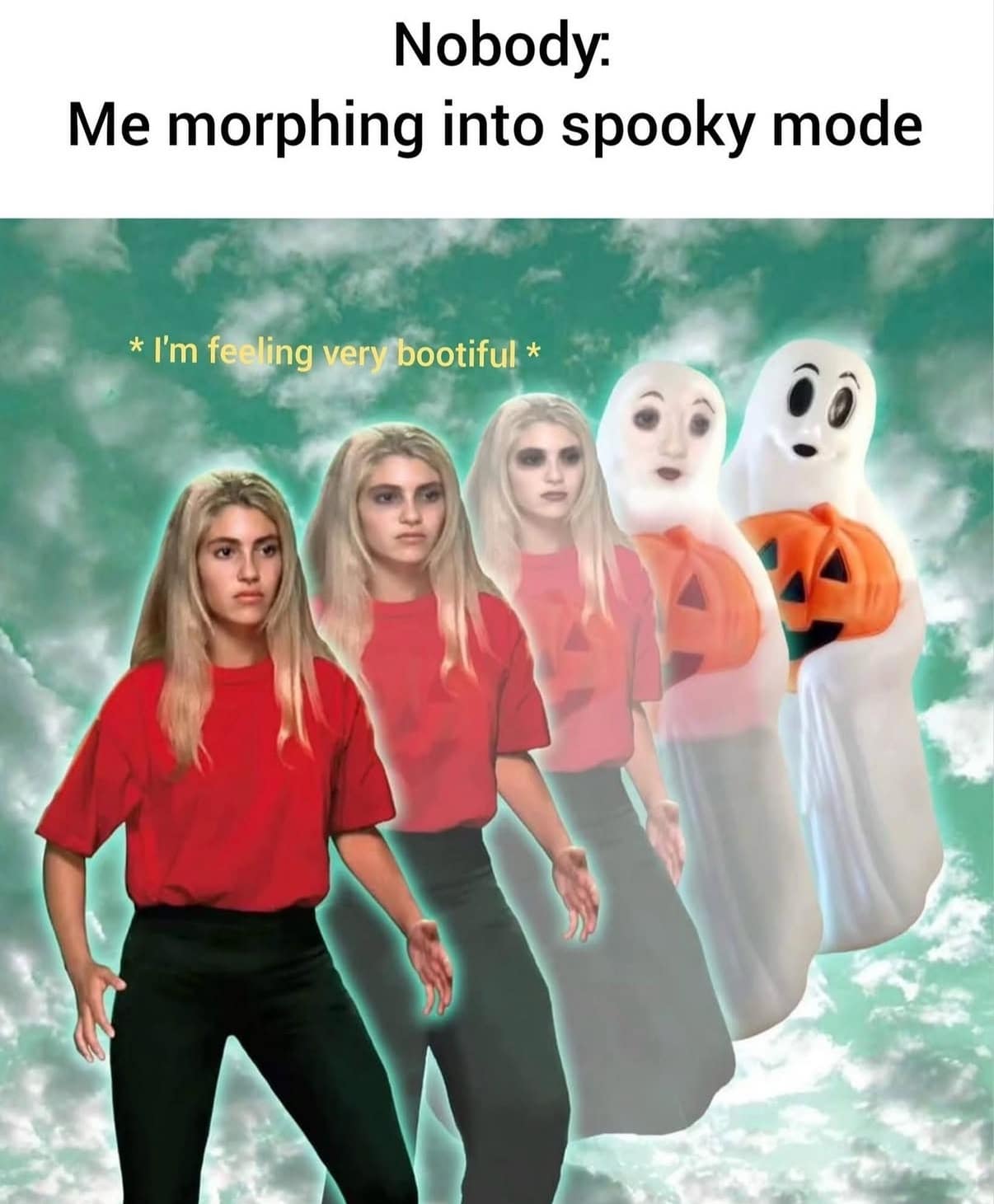 A funny meme showing a woman morphing into ghost costumes, ready for Halloween spooky season.
