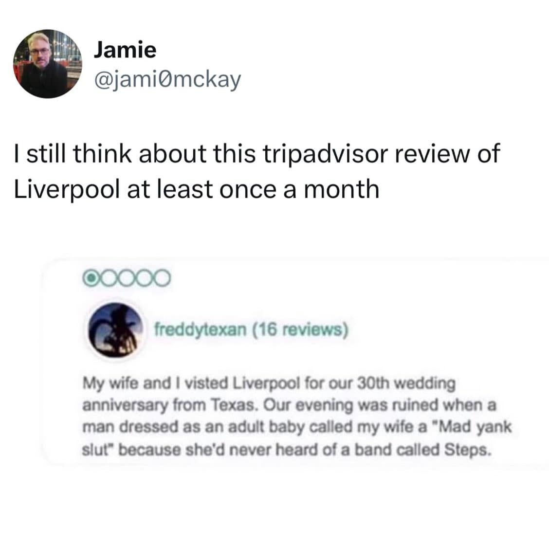 A funny meme showing a now-legendary Tripadvisor review of Liverpool about a man dressed as an adult baby.