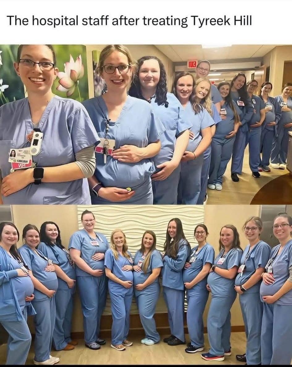 A very dark but funny meme using a photo of many pregnant nurses to make a joke about NFL player Tyreek Hill.