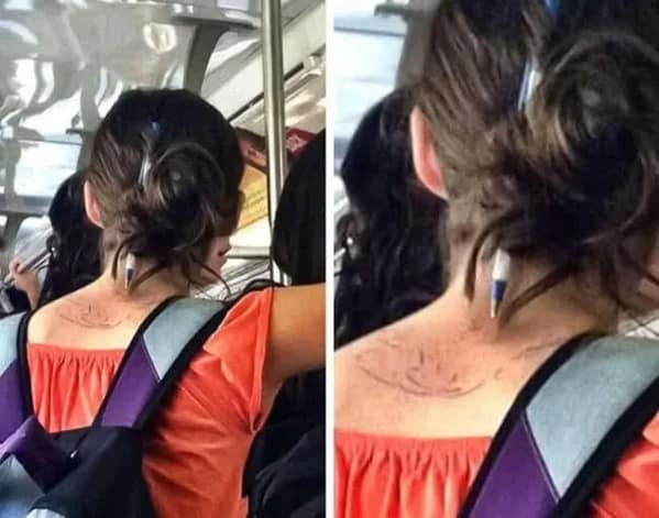 A funny meme showing an optical illusion where a pen in a woman's hair appears to be a rat tail hairstyle.