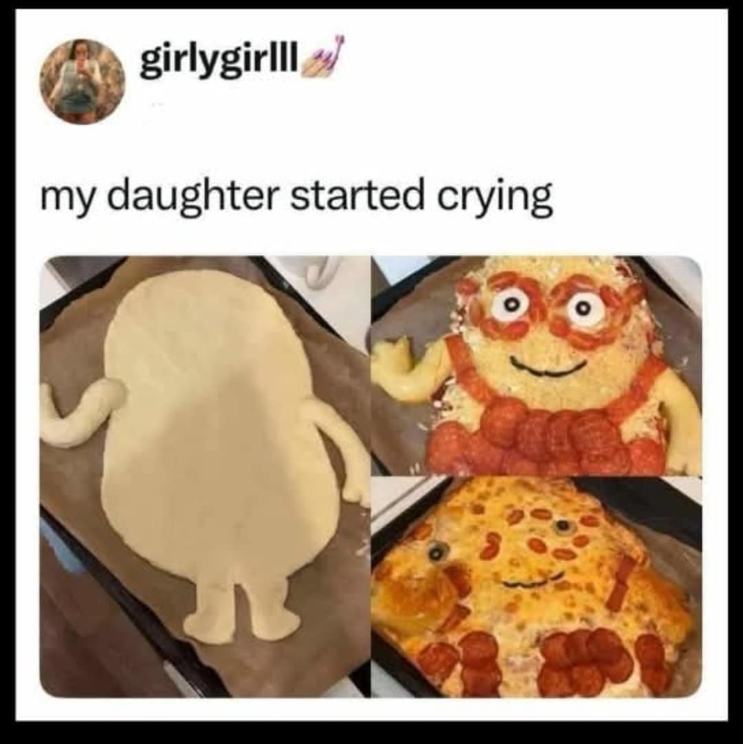 A hilarious meme showing a failed attempt to make a Minion pizza, which results in a cursed and terrifying food monster.
