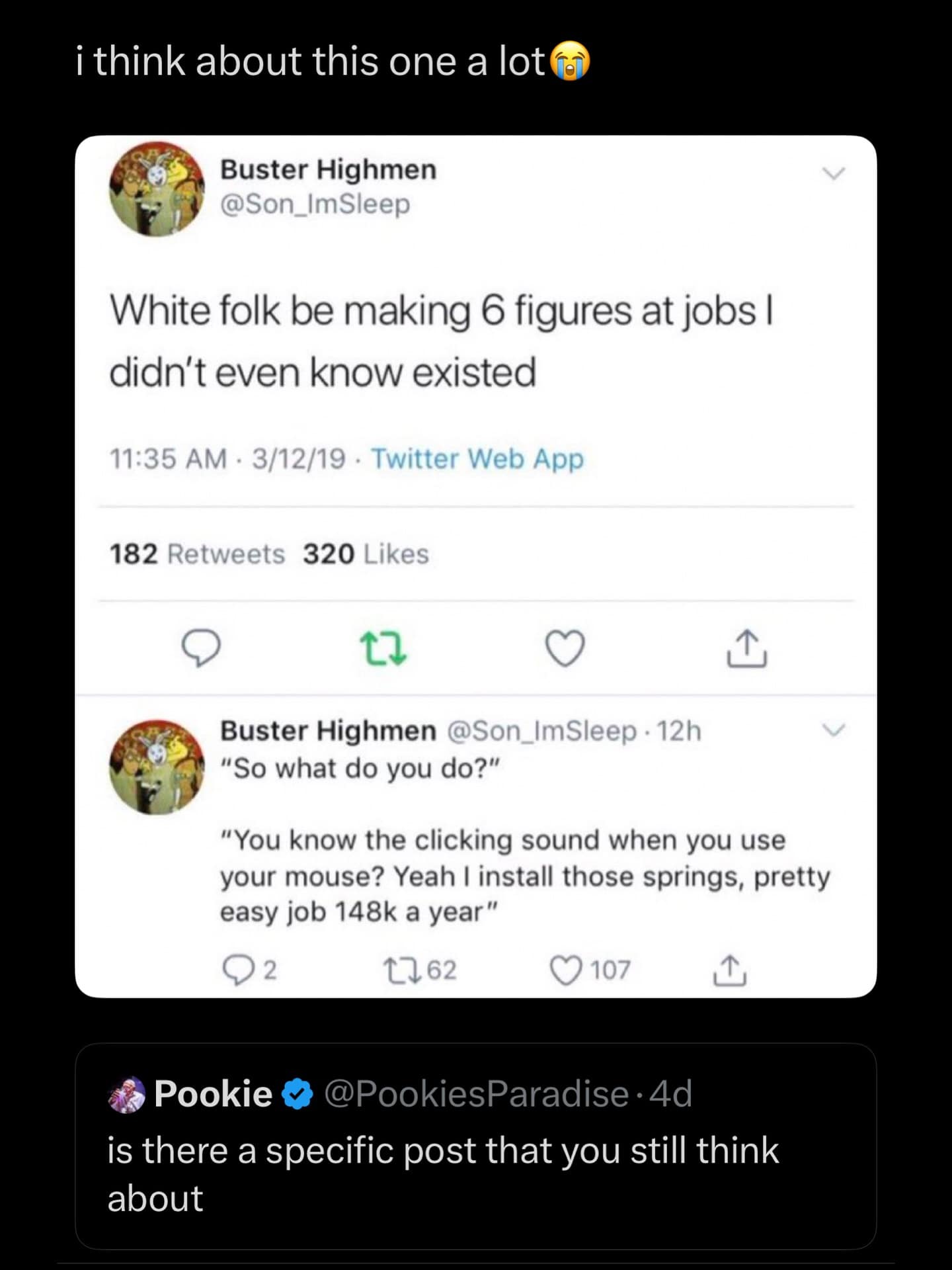 A funny meme from a viral tweet about the existence of strange, six-figure jobs like "mouse spring installer."