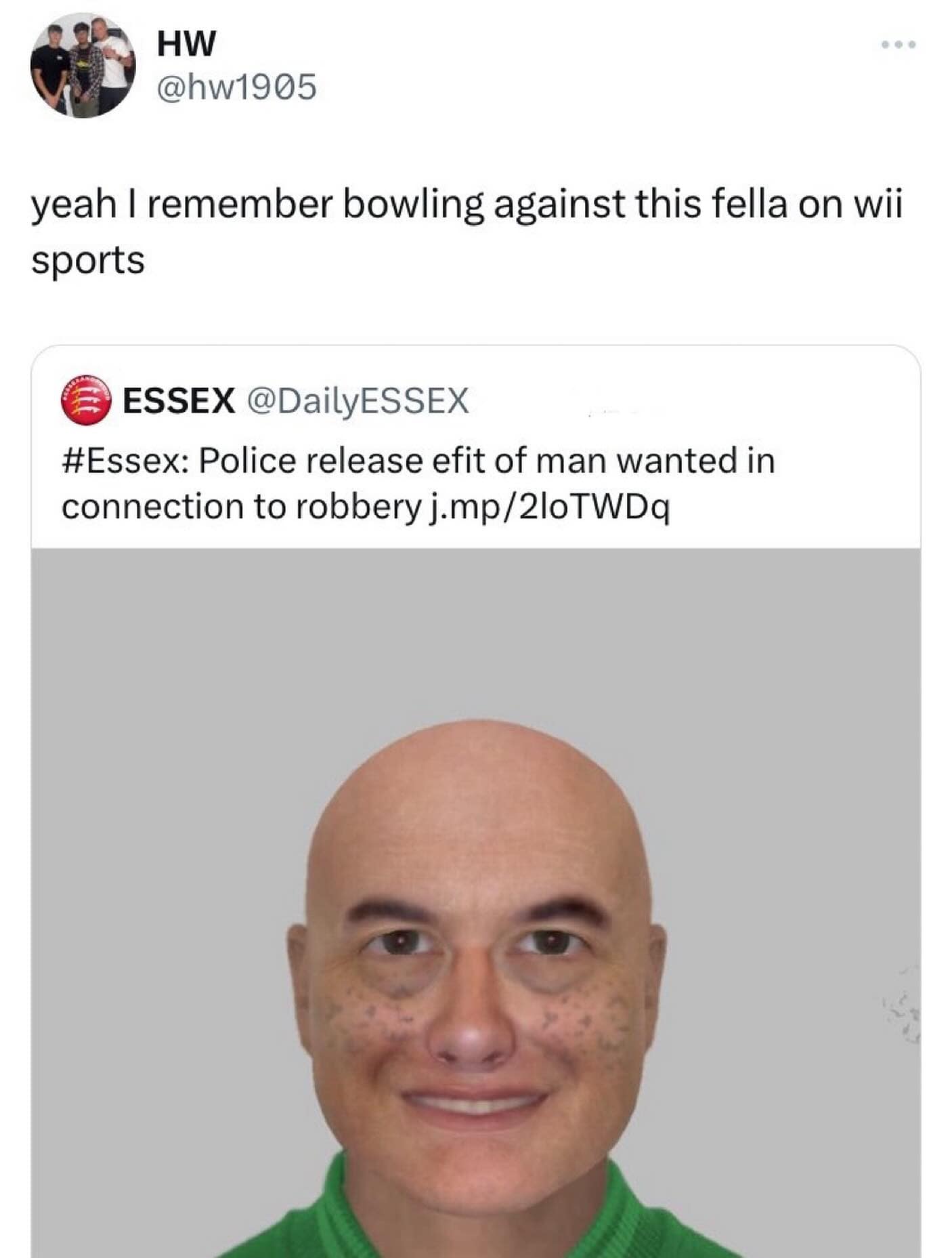 A hilarious meme tweet comparing a police e-fit of a robbery suspect to a character from Wii Sports.