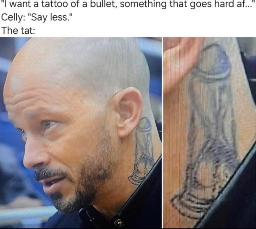 A hilarious meme showing a very bad, phallic-looking bullet tattoo on a person's neck.