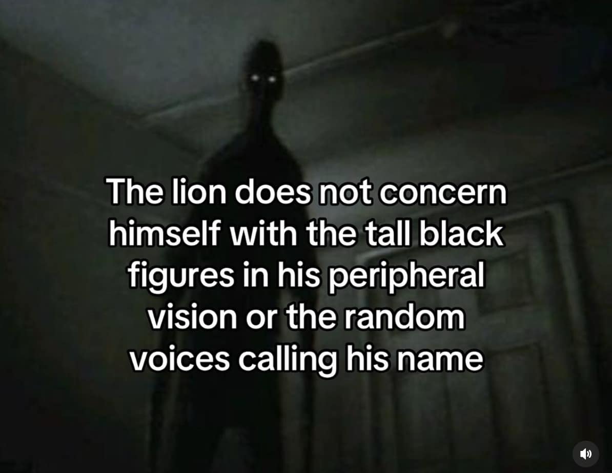 A creepy funny meme about ignoring scary figures and voices using a stoic quote.