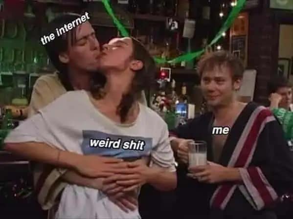 A reaction image meme showing someone watching "the internet" and "weird sh*t" make out