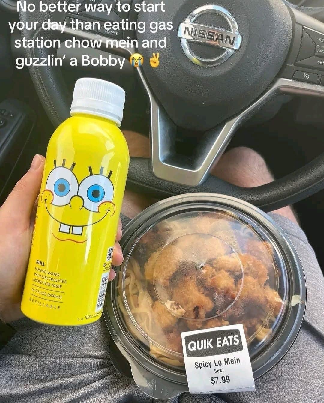 A funny meme showing a person's lunch of gas station lo mein and a SpongeBob-themed drink bottle.