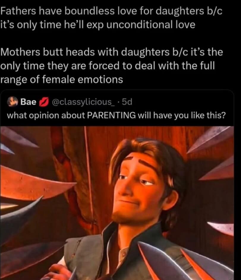 A funny meme using Flynn Rider from 'Tangled' to showcase a controversial parenting opinion.