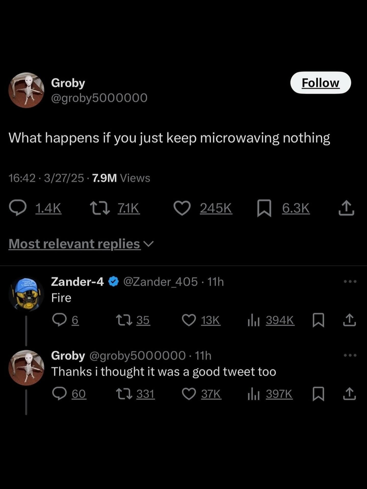 A hilarious meme from a tweet where someone's "deep thought" about microwaving nothing is immediately shut down with a simple answer.