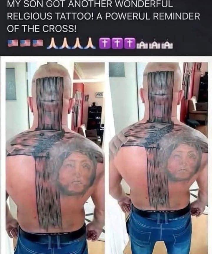 A hilarious meme showing a terrible back tattoo of Jesus on a cross, praised sarcastically by a parent.