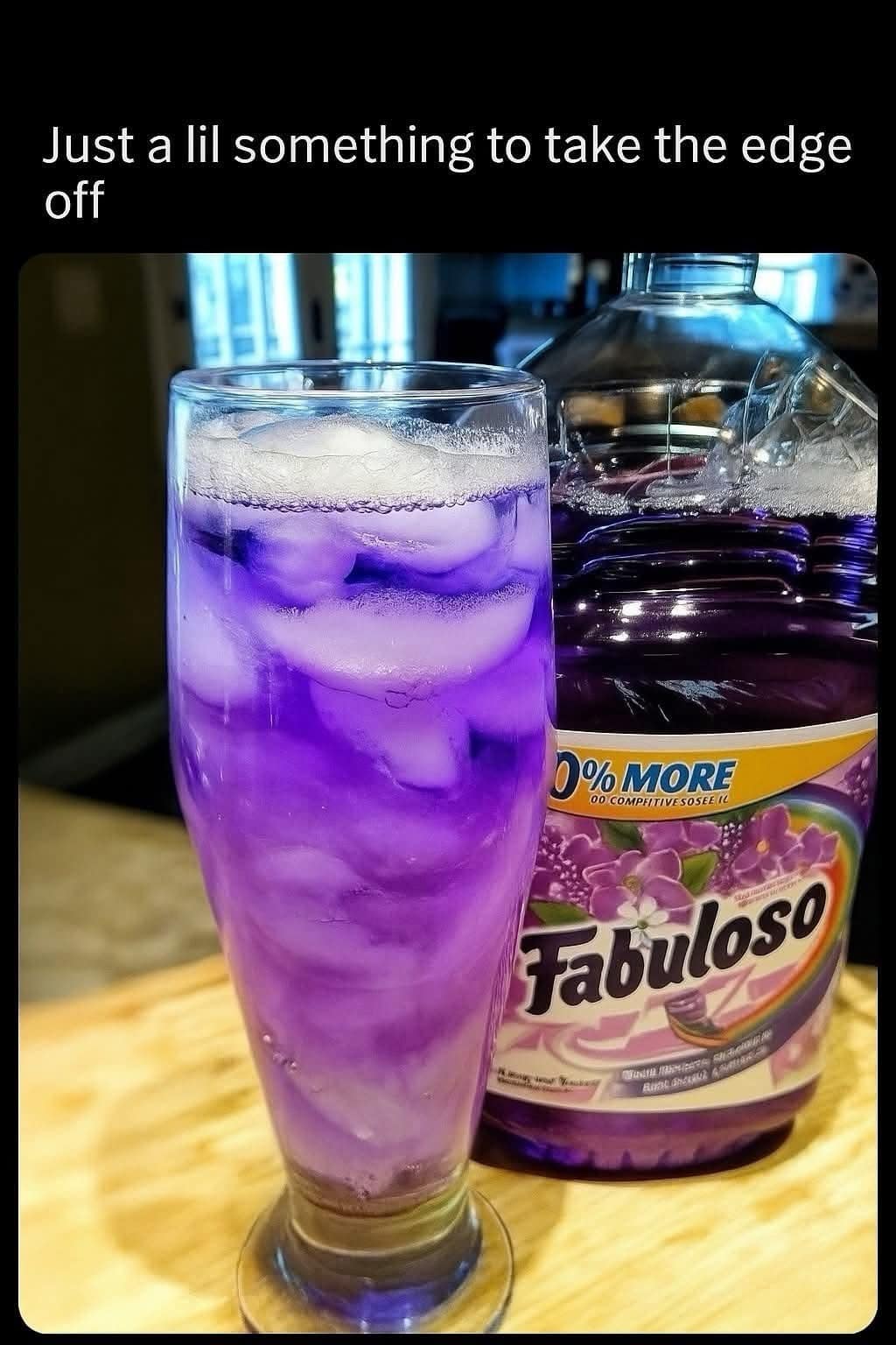 A dark humor hilarious meme showing a purple drink poured from a bottle of Fabuloso cleaner.