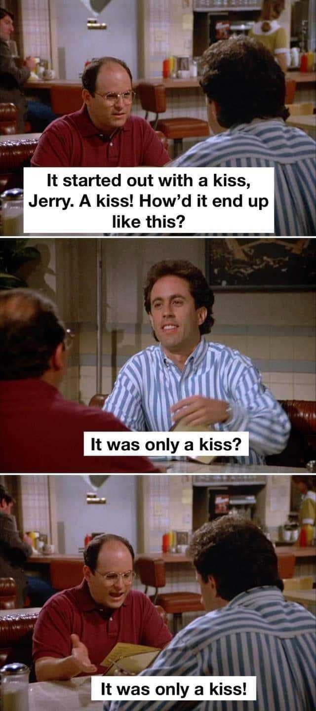 A funny meme mashing up a scene from Seinfeld with lyrics from The Killers' "Mr. Brightside."