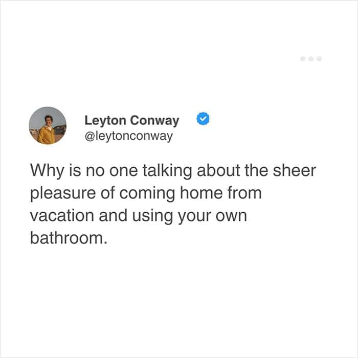 A funny meme tweet about the sheer, unspoken pleasure of coming home from vacation and using your own bathroom.