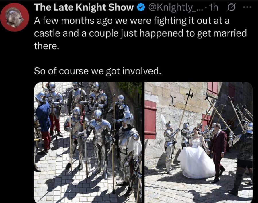 A hilarious meme of a viral tweet showing medieval knights giving a wedding couple an honor guard.