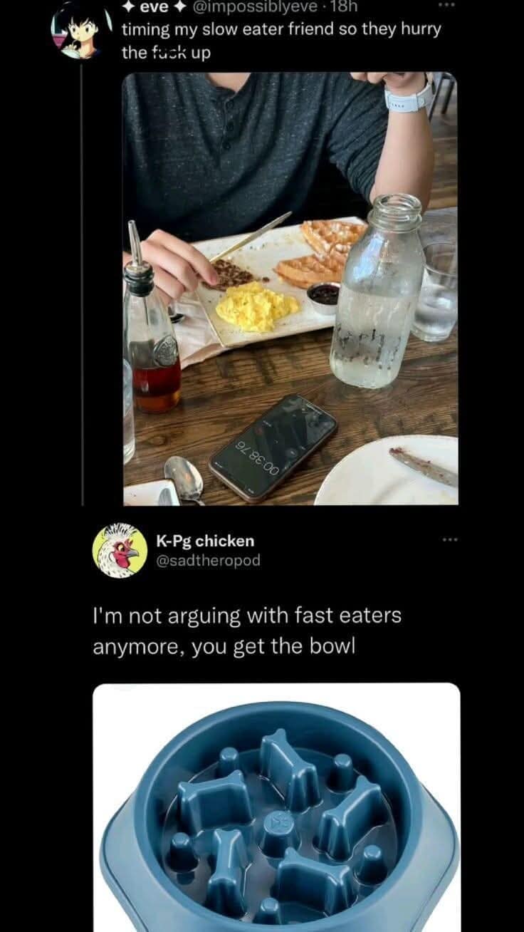 A funny meme showing someone timing a slow eater, with a comment suggesting a slow feeder bowl.