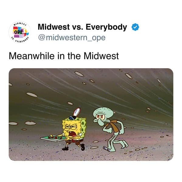 Funny SpongeBob meme depicting the intense wind common in the Midwest using SpongeBob and Squidward struggling.