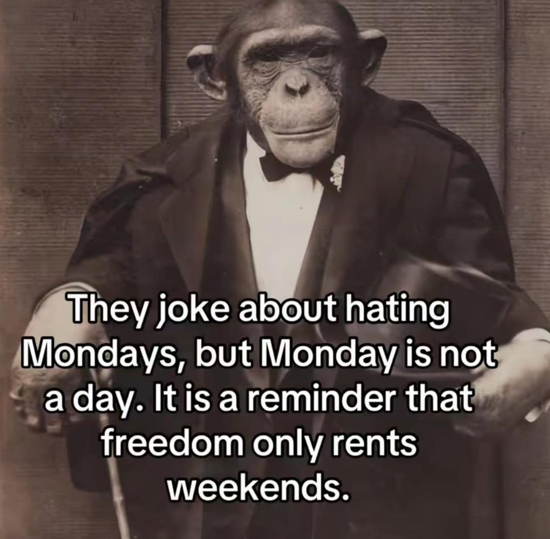 A dapper monkey philosophy meme stating Monday is a reminder that freedom only rents weekends.