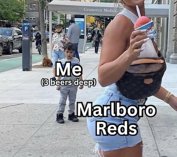 A funny meme using a photo of a small boy staring to represent a craving for Marlboro Reds after drinking.
