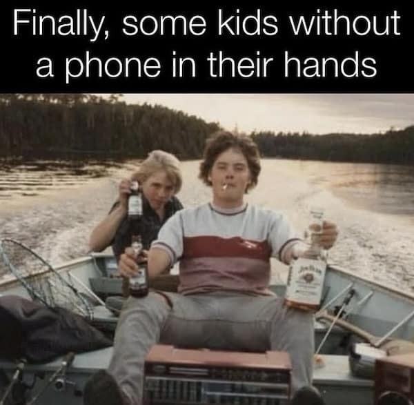 : A funny nostalgia meme that ironically praises old-school teens for drinking and smoking instead of being on their phones.