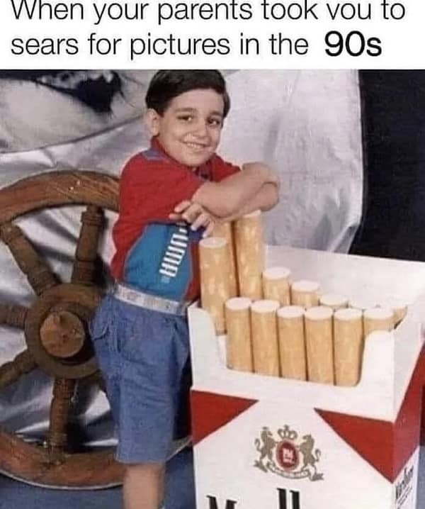 A funny and cursed photoshop of a 90s Sears portrait where a little boy is posing with a giant cigarette pack.
