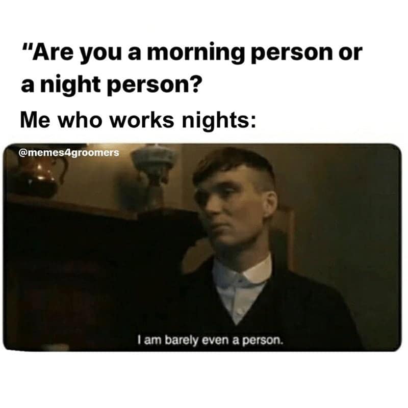 A Peaky Blinders meme answering "Are you a morning or night person?" with "I am barely even a person."