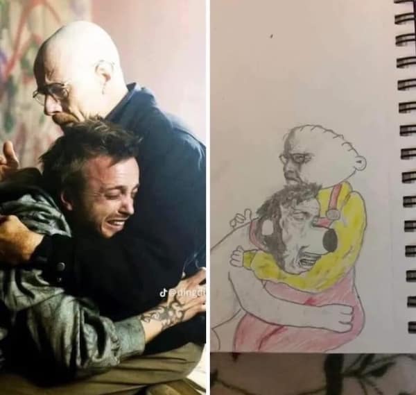 A cursed image fan drawing that mashes up 'Breaking Bad' with 'Family Guy' characters.