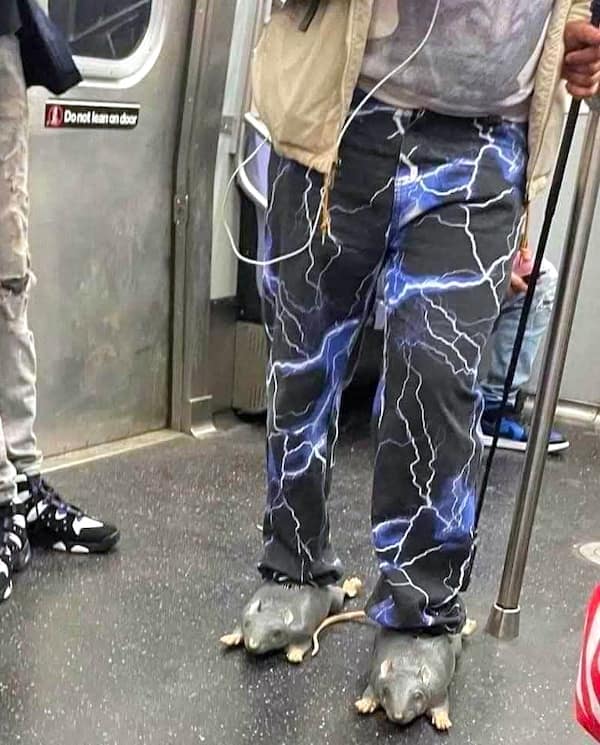 A cursed image of a man on the subway wearing rat-shaped shoes and lightning pants.