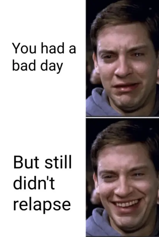 Spider-Man NoFap meme showing Tobey Maguire crying then smiling, representing pride in resisting relapse despite a bad day.