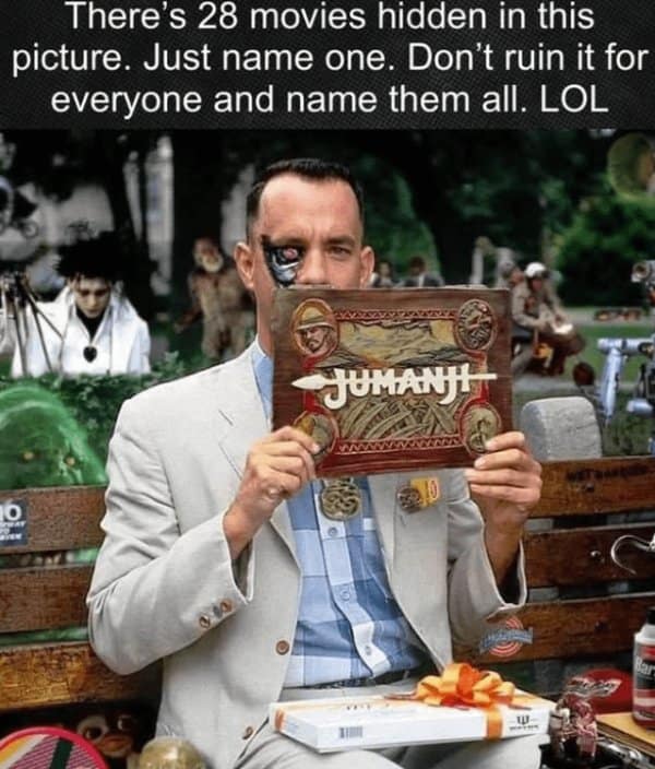 A complex nostalgia meme challenging viewers to find 28 hidden movies from the 80s and 90s in one picture.