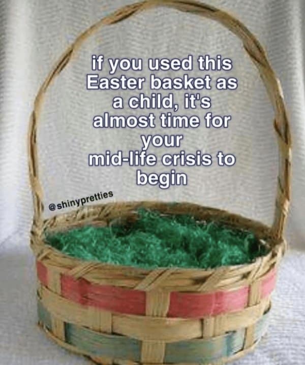 A nostalgia meme about a vintage Easter basket signaling the start of a millennial mid-life crisis.