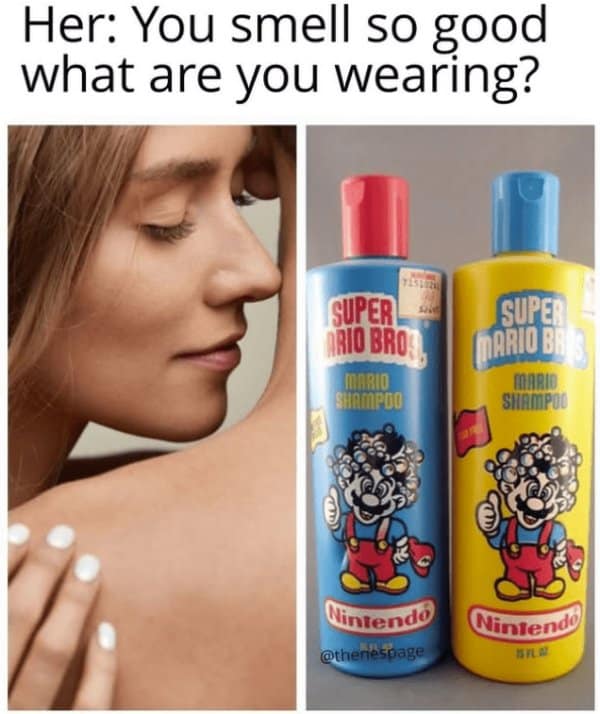 A funny 90s meme joking that a man smells good because he used Super Mario Bros. shampoo.