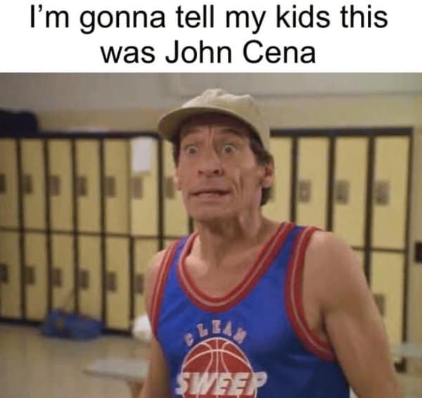 A nostalgic meme from the 90s joking about telling kids that Ernest P. Worrell was John Cena.