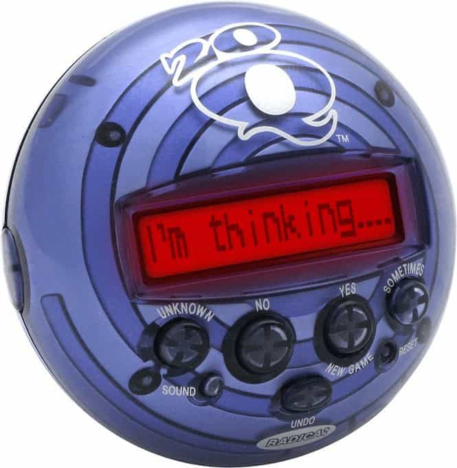 Nostalgic pic of the iconic blue 20Q handheld electronic guessing game from the 2000s