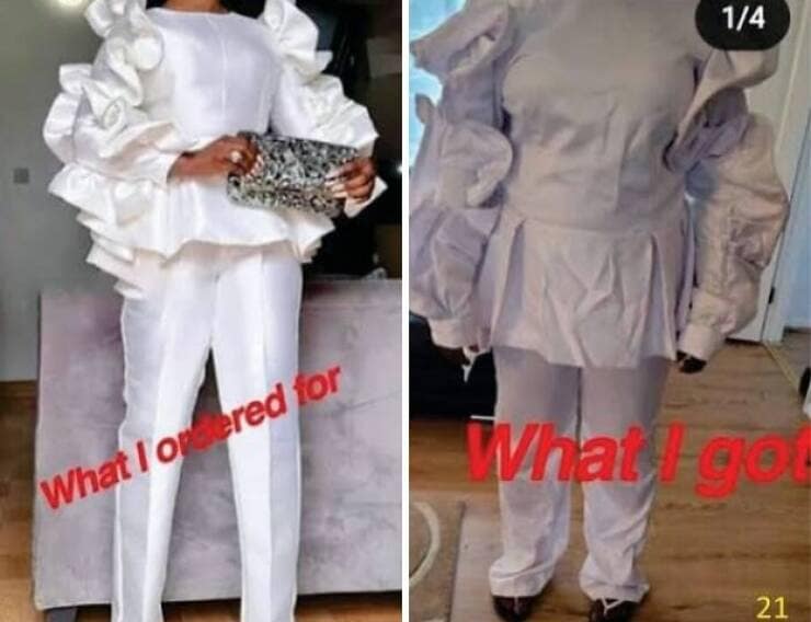 Chic white ruffled statement blouse and pants set advertised versus the poorly constructed, ill-fitting version received online shopping fail.