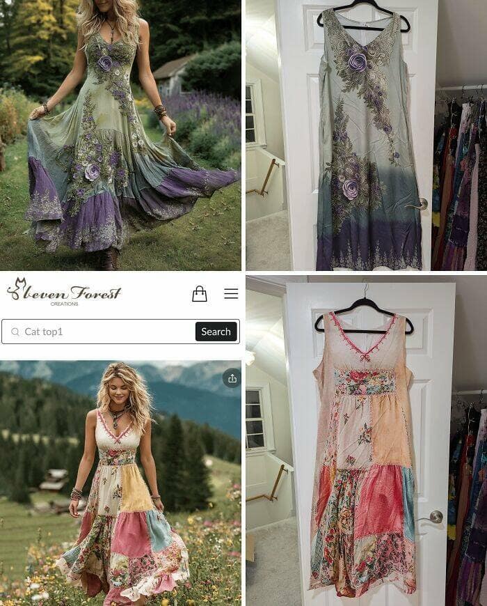 Flowy bohemian maxi dresses shown on models online versus the poorly made, different fabric versions received online shopping fails.