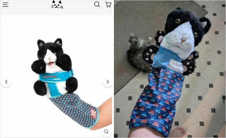 Cute black and white cat hand puppet toy advertised online compared to the slightly unsettling, distorted version received online shopping fail.