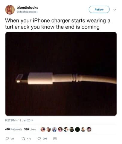 A funny tweet that perfectly describes a frayed iPhone charger as "wearing a turtleneck" before it dies.