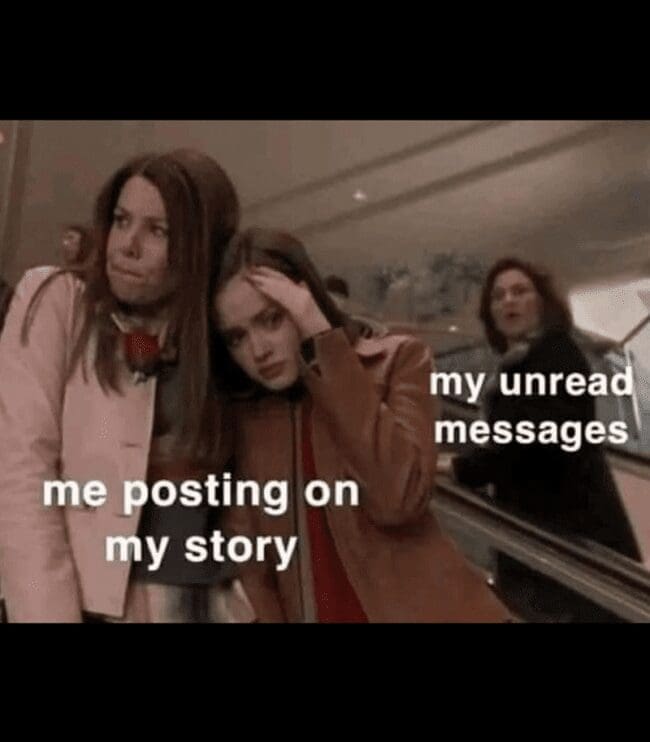 A funny and relatable meme about the habit of ignoring unread text messages while still posting on social media.
