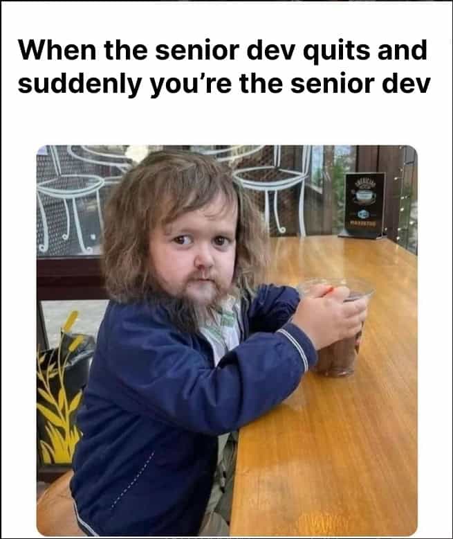 A funny programmer meme showing a child with a fake beard after becoming the senior dev.