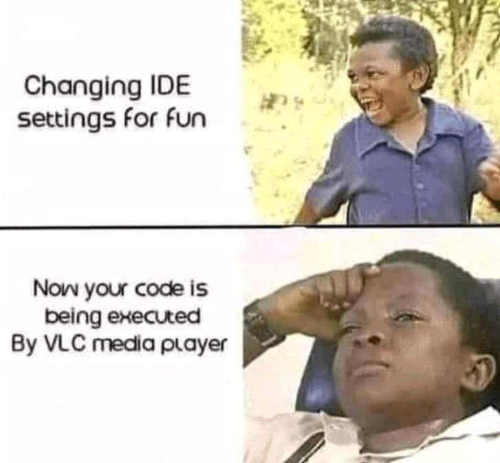 A funny two-panel meme about the disastrous results of changing your IDE settings for fun.