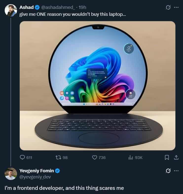 A funny programmer meme about how a round laptop screen would be a nightmare for frontend developers.