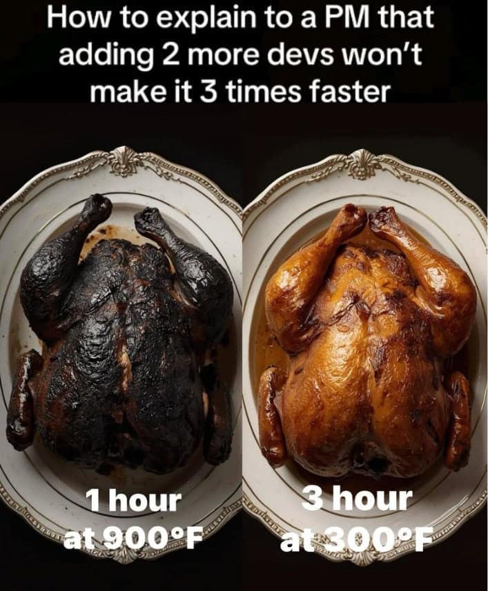 A programmer meme with a brilliant cooking analogy to explain a common project management fallacy.