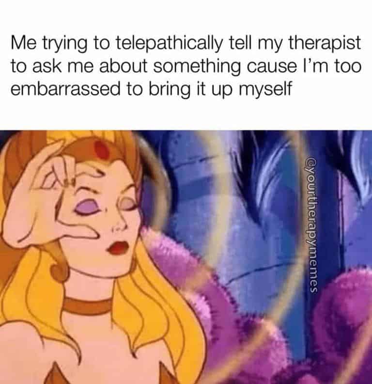 A funny psychology meme showing She-Ra trying to telepathically communicate with her therapist.